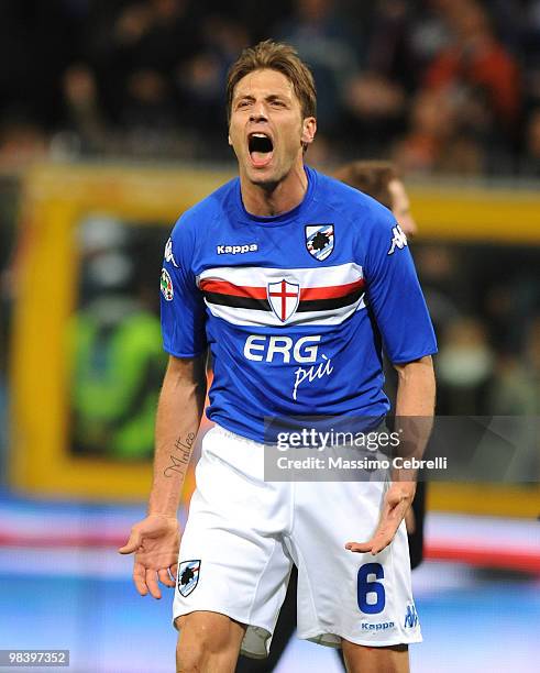 Stefano Lucchini of UC Sampdoria celebrates the victory the Serie A match between UC Sampdoria and Genoa CFC at Stadio Luigi Ferraris on April 11,...