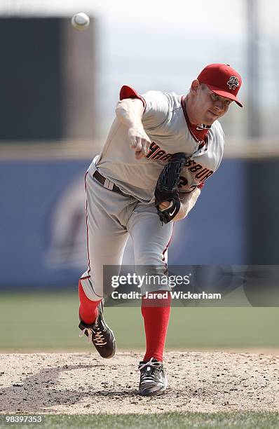 Stephen Strasburg of the Harrisburg Senators pitches against the Altoona Curve in his minor league debut during the game on April 11, 2010 at Blair...