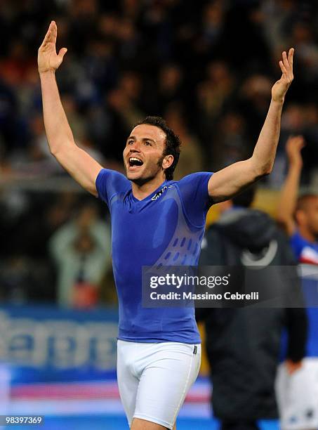 Giampaolo Pazzini of UC Sampdoria celebrates the victory the Serie A match between UC Sampdoria and Genoa CFC at Stadio Luigi Ferraris on April 11,...