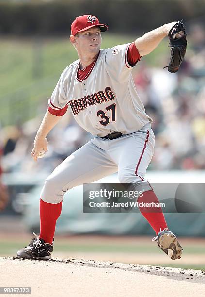 Stephen Strasburg of the Harrisburg Senators pitches against the Altoona Curve in his minor league debut during the game on April 11, 2010 at Blair...