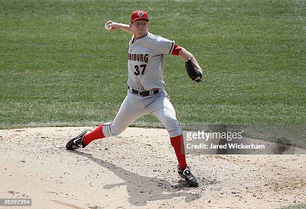 Stephen Strasburg of the Harrisburg Senators pitches against the Altoona Curve in his minor league debut during the game on April 11, 2010 at Blair...