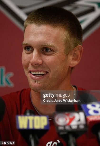 Stephen Strasburg of the Harrisburg Senators talks with members of the media during a press conference following their win against the Altoona Curve...