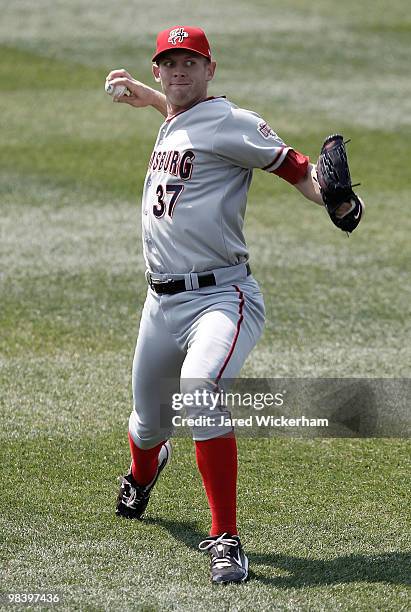 Stephen Strasburg of the Harrisburg Senators warms up prior to the game against the Altoona Curve on April 11, 2010 at Blair County Ballpark in...