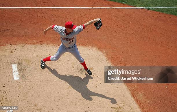 Stephen Strasburg of the Harrisburg Senators warms up prior to the game against the Altoona Curve on April 11, 2010 at Blair County Ballpark in...