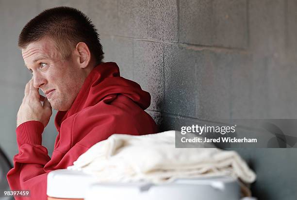 Stephen Strasburg of the Harrisburg Senators sits in the dugout during the game against the Altoona Curve on April 11, 2010 at Blair County Ballpark...