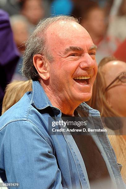 Recording artist Neil Diamond attends a game between the Portland Trail Blazers and the Los Angeles Lakers at Staples Center on April 11, 2010 in Los...