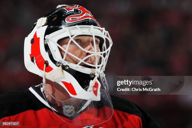 Goalkeeper Martin Brodeur of the New Jersey Devils looks on against the Buffalo Sabres at the Prudential Center on April 11, 2010 in Newark, New...