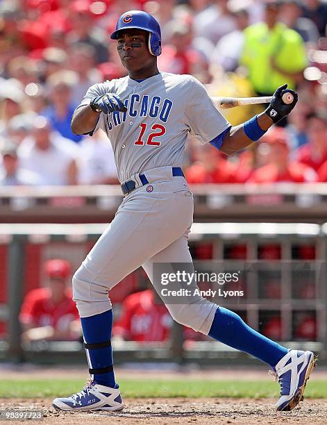 Alfonso Soriano of the Chicago Cubs swings at a pitch during the game against the Cincinnati Reds on April 11, 2010 at Great American Ball Park in...