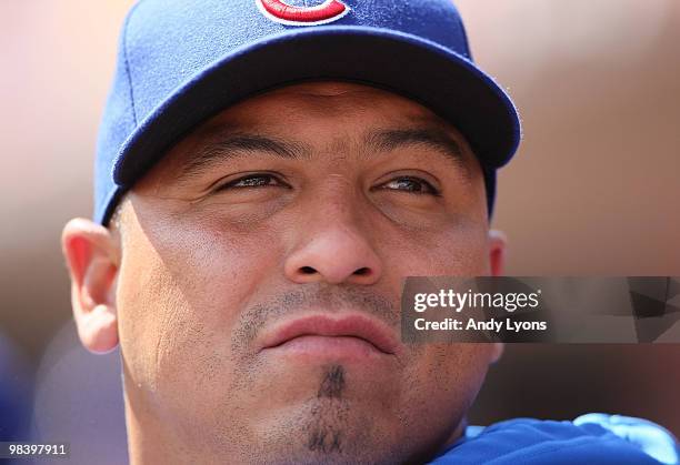 Carlos Zambrano of the Chicago Cubs is pictured during the game against the Cincinnati Reds on April 11, 2010 at Great American Ball Park in...