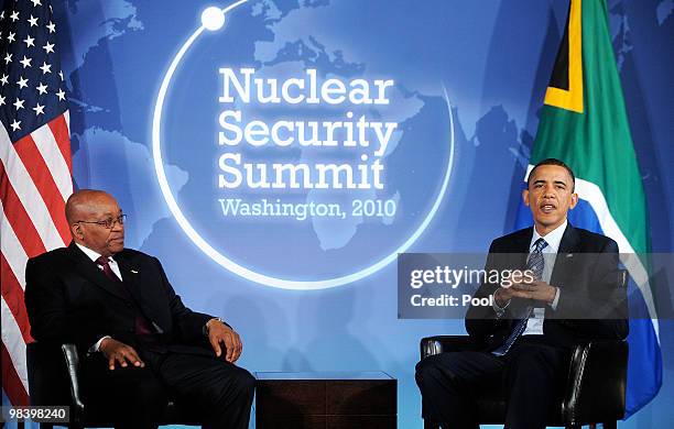 President Barack Obama attends a bilateral meeting with President Jacob Zuma of South Africa at the Blair House April 11, 2010 in Washington, DC....