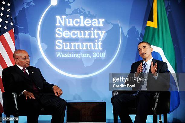President Barack Obama attends a bilateral meeting with President Jacob Zuma of South Africa at the Blair House April 11, 2010 in Washington, DC....