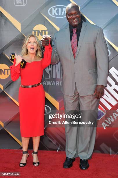 Jeanie Buss and Shaquille O'Neal attend the 2018 NBA Awards Show at Barker Hangar on June 25, 2018 in Santa Monica, California.