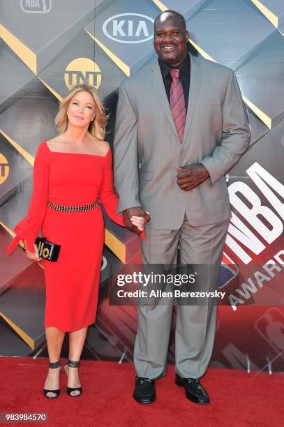 Jeanie Buss and Shaquille O'Neal attend the 2018 NBA Awards Show at Barker Hangar on June 25, 2018 in Santa Monica, California.