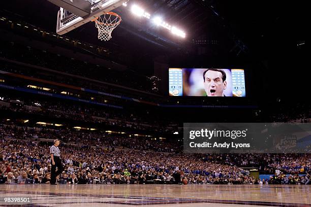 The likeness of head coach Mike Krzyzewski of the Duke Blue Devils is seen on the giant video monitor against the Butler Bulldogs during the 2010...