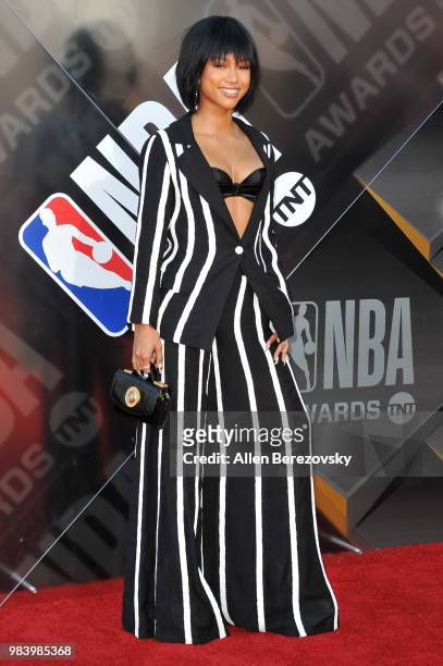 Karrueche Tran attends the 2018 NBA Awards Show at Barker Hangar on June 25, 2018 in Santa Monica, California.