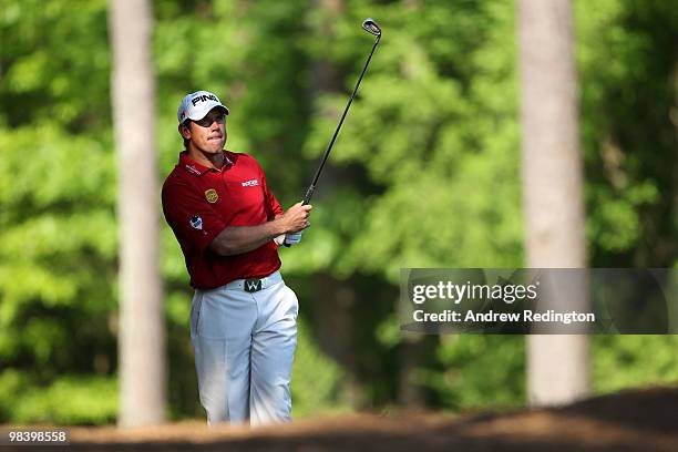 Lee Westwood of England plays a shot on the 11th hole during the final round of the 2010 Masters Tournament at Augusta National Golf Club on April...