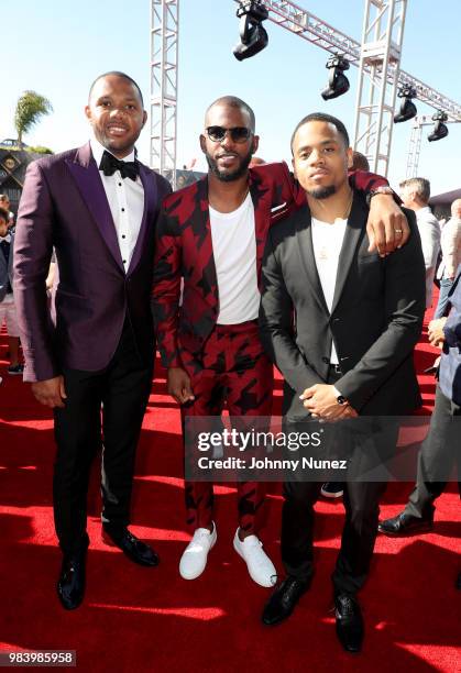 Eric Gordon, Chris Paul, and Tristan Wilds attend 2018 NBA Awards at Barkar Hangar on June 25, 2018 in Santa Monica, California.