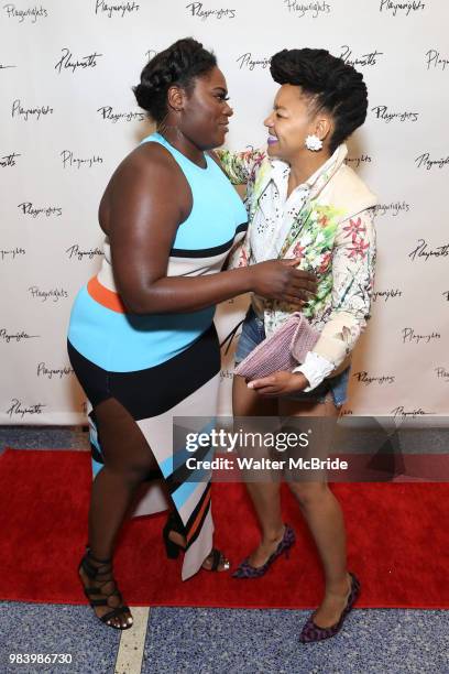 Danielle Brooks and Crystal Dickinson attend the opening night performance of the Playwrights Horizons world premiere production of 'Log Cabin' on...
