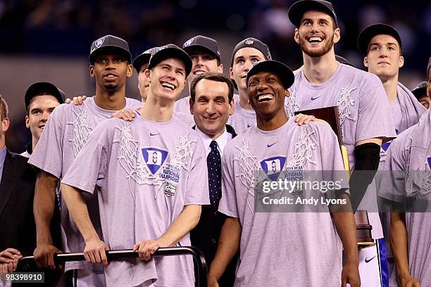 Lance Thomas Jon Scheyer, head coach Mike Krzyzewski, Nolan Smith and Brian Zoubek of the Duke Blue Devils watch CBS 's presentation of "One Shining...