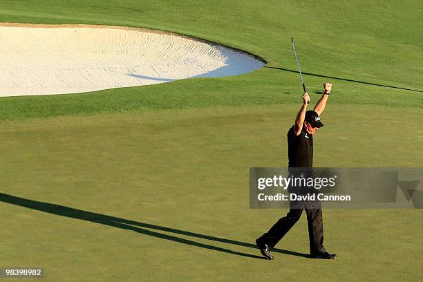 Phil Mickelson celebrates his three-stroke victory after winning the 2010 Masters Tournament at Augusta National Golf Club on April 11, 2010 in...