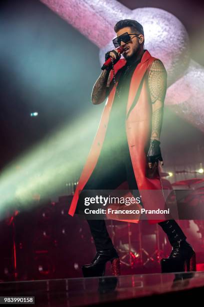 Adam Lambert of Queen performs on stage at Mediolanum Forum on June 25, 2018 in Milan, Italy.