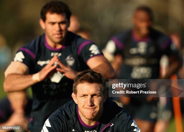 Ryan Hoffman strertches during a Melbourne Storm NRL media opportunity at Gosch's Paddock on June 26, 2018 in Melbourne, Australia.