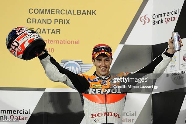 Andrea Dovizioso of Italy and Repsol Honda Team takes third place in the MotoGP of Qatar at the Losail Circuit on April 11, 2010 in Doha, Qatar.