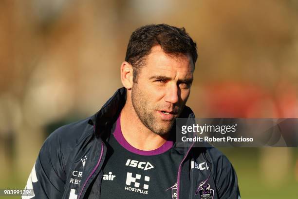 Cameron Smith looks on during a Melbourne Storm NRL media opportunity at Gosch's Paddock on June 26, 2018 in Melbourne, Australia.