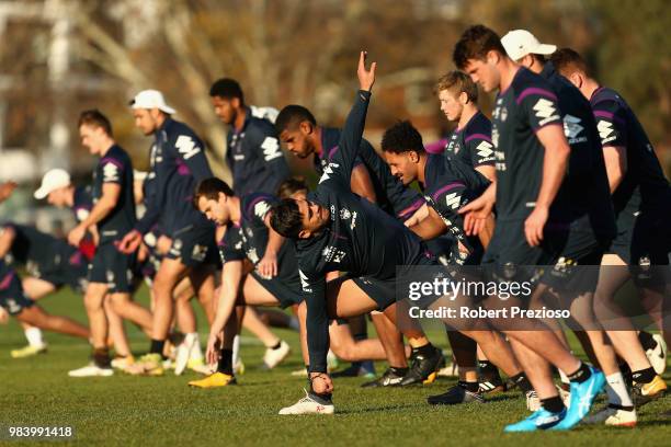 Players warm up during a Melbourne Storm NRL media opportunity at Gosch's Paddock on June 26, 2018 in Melbourne, Australia.