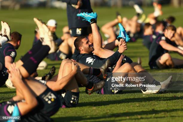 Players warm up during a Melbourne Storm NRL media opportunity at Gosch's Paddock on June 26, 2018 in Melbourne, Australia.
