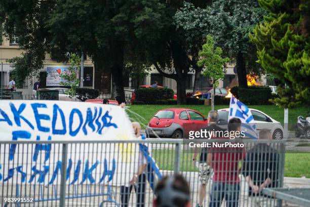 About 1000 protesters gathered in front of the central fair entrance in Thessaloniki, Greece, to protest against the recent name deal with Northern...