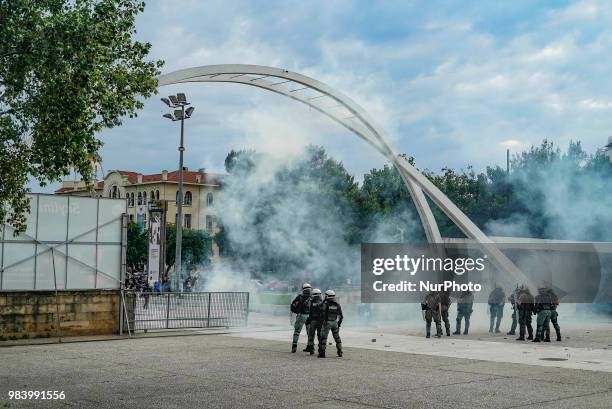 About 1000 protesters gathered in front of the central fair entrance in Thessaloniki, Greece, to protest against the recent name deal with Northern...