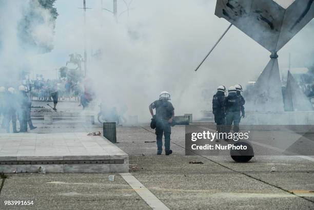 About 1000 protesters gathered in front of the central fair entrance in Thessaloniki, Greece, to protest against the recent name deal with Northern...