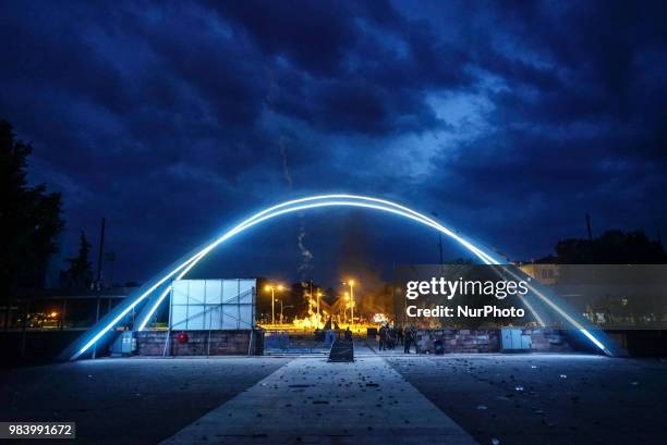 About 1000 protesters gathered in front of the central fair entrance in Thessaloniki, Greece, to protest against the recent name deal with Northern...