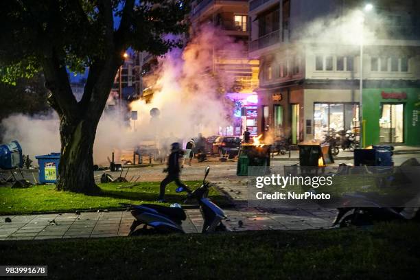 About 1000 protesters gathered in front of the central fair entrance in Thessaloniki, Greece, to protest against the recent name deal with Northern...