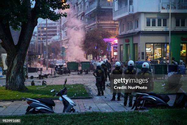 About 1000 protesters gathered in front of the central fair entrance in Thessaloniki, Greece, to protest against the recent name deal with Northern...