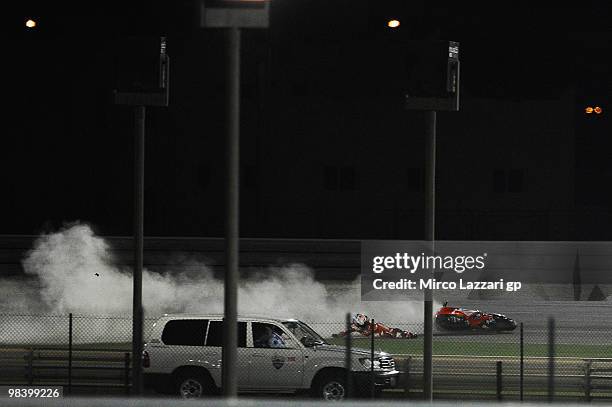 Casey Stoner of Australia and Ducati Marlboro crashes out during the MotoGP of Qatar at Losail Circuit on April 11, 2010 in Doha, Qatar.
