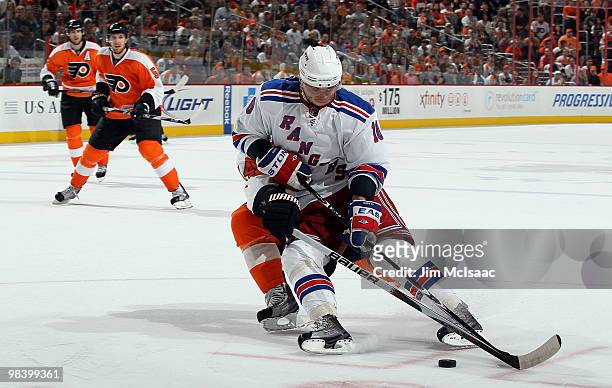 Marian Gaborik of the New York Rangers skates against the Philadelphia Flyers on April 11, 2010 at Wachovia Center in Philadelphia, Pennsylvania. The...