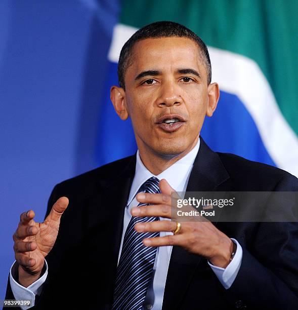 President Barack Obama attends a bilateral meeting with President Jacob Zuma of South Africa at the Blair House April 11, 2010 in Washington, DC....