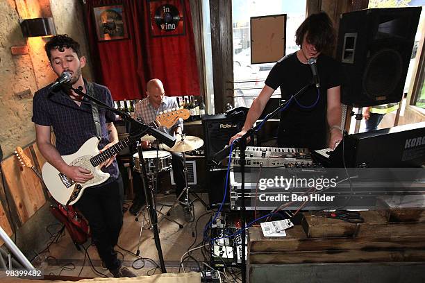 Musicians Peter Silberman, Michael Lerner and Darby Cicci of the Antlers rehearse at the Viewtopia: In Vino launch at In Vino on April 11, 2010 in...