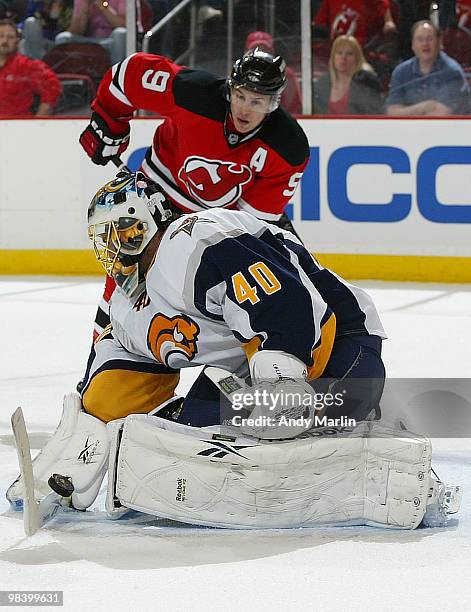 Patrick Lalime of the Buffalo Sabres makes a save against the New Jersey Devils during the game at the Prudential Center on April 11, 2010 in Newark,...