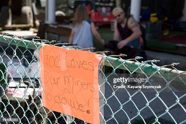 Sign placed in memorial of the deceased miners in front of Terry Hubbard's home April 11, 2010 in Whitesville, West Virginia. The miners died as a...