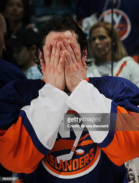 Mark Streit of the New York Islanders prepares for post game event following the Islanders overtime loss to the Pittsburgh Penguins at the Nassau...
