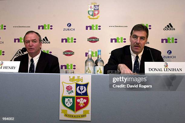 Graham Henry, the Lions Coach with Tour Manager Donal Lenihan at the official announcement of the Lions squad to tour Australia, at the Crowne Plaza...