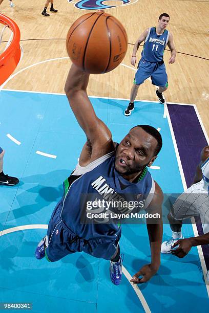 Al Jefferson of the Minnesota Timberwolves shoots against the New Orleans Hornets on April 11, 2010 at the New Orleans Arena in New Orleans,...