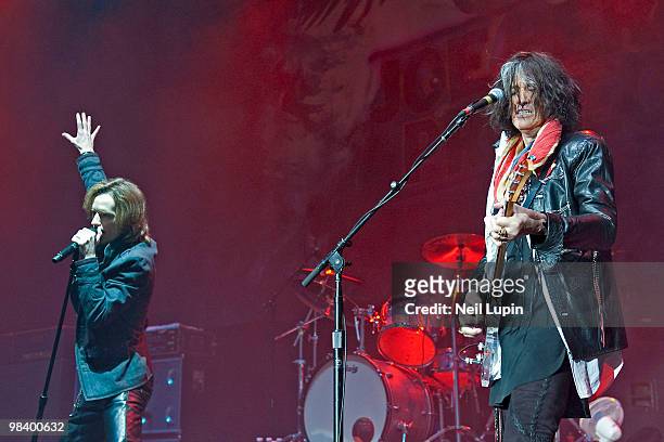 Hagen Grohe and Joe Perry perform on stage with the Joe Perry Project at Wembley Arena on April 11, 2010 in London, England.