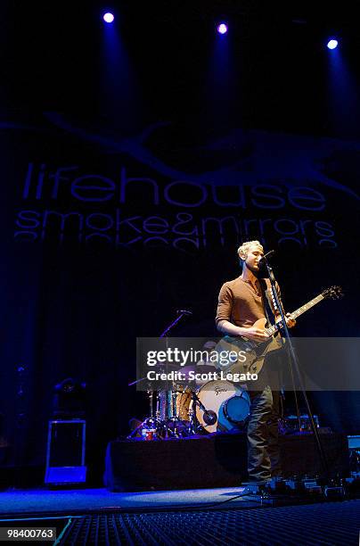Ricky Woolstenhulme Jr and Jason Wade of Lifehouse performs at Joe Louis Arena on April 10, 2010 in Detroit, Michigan.