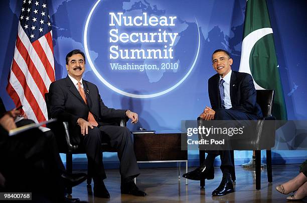 Prime Minister of Pakistan Syed Yousaf Raza Gilani attends a meeting with U.S. President Barack Obama at the Blair House April 11, 2010 in...