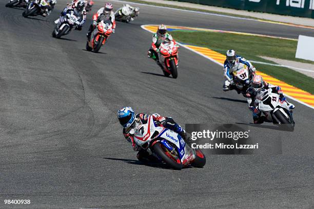 Carlos Checa of Spain and Althea Racing leads the fields during race 1 of the Superbike Grand Prix Of Valencia at Comunitat Valenciana Ricardo Tormo...
