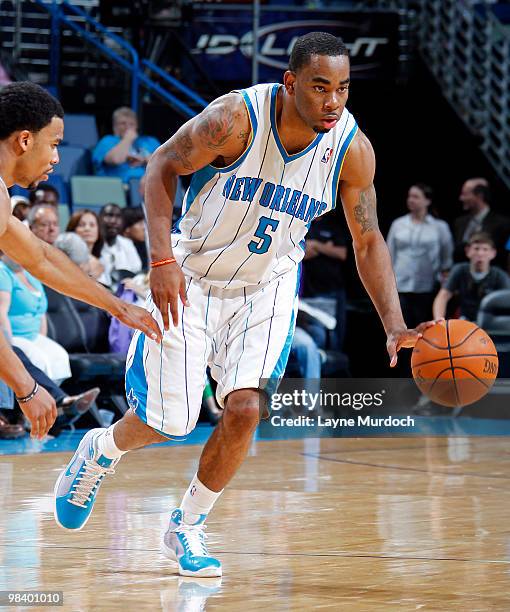 Marcus Thornton of the New Orleans Hornets drives against the Minnesota Timberwolves on April 11, 2010 at the New Orleans Arena in New Orleans,...